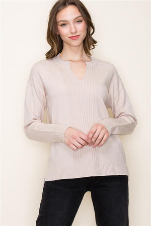 V Shaped Split Neck Sweater - Taupe