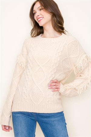 Cable Knit Sweater with Tassel Detail - Ivory
